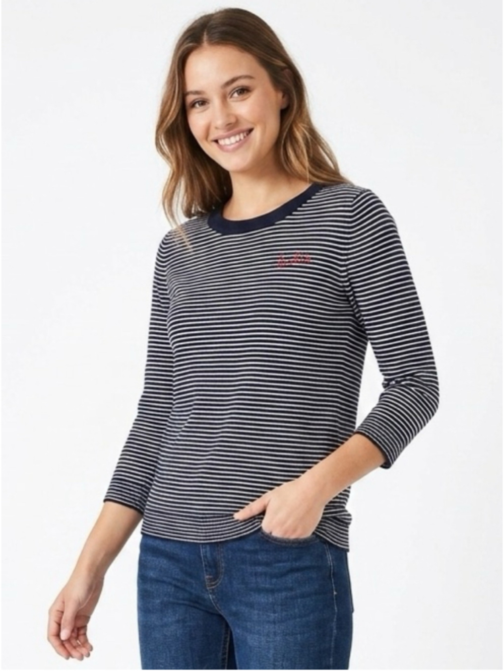 Gap Knit Striped Sweater Embroidered Hello Navy White Small 100% cotton chic 388
